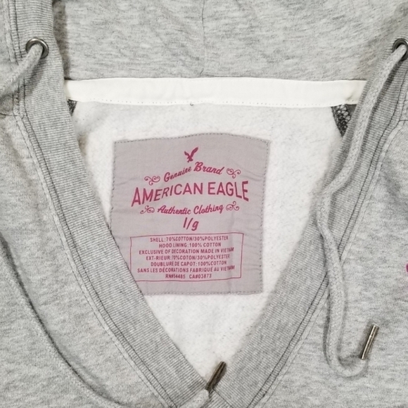 American Eagle Ladies Hoodie Size L Grey V-Neck Embroidered Spell-out - Picture 3 of 4